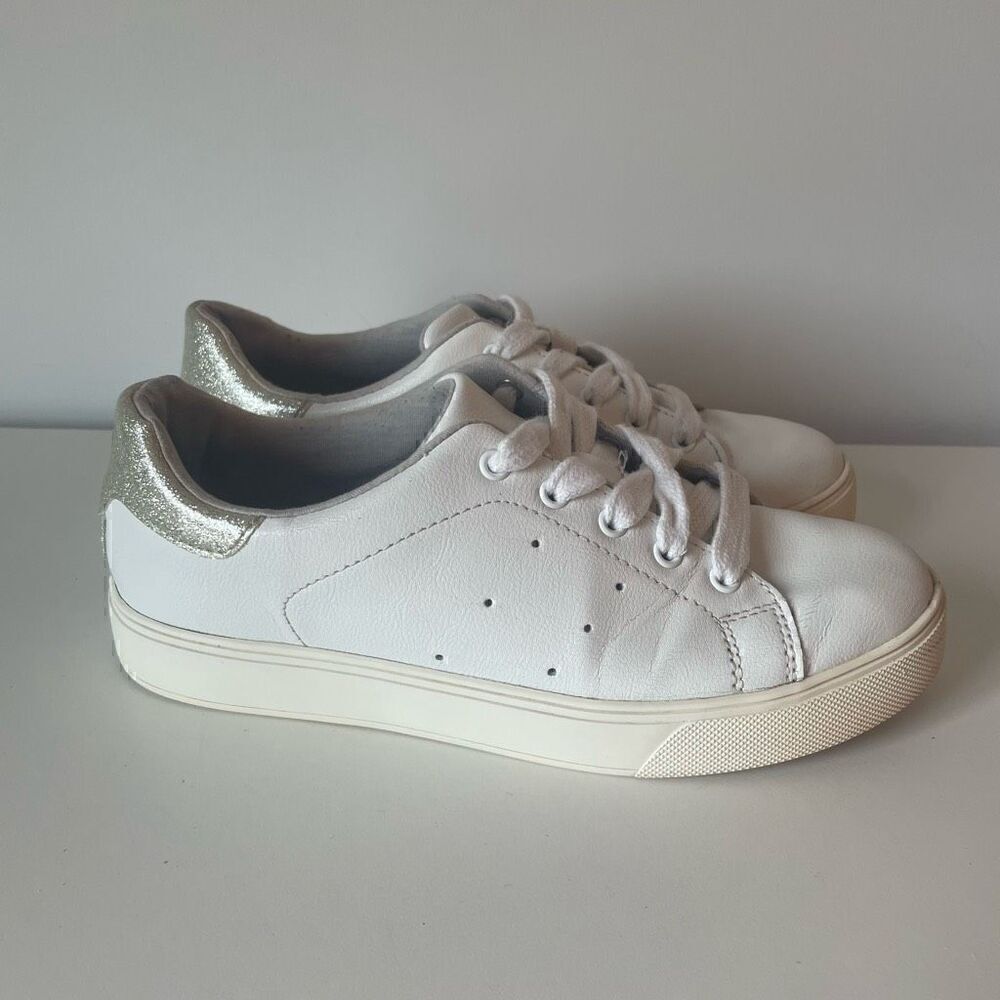 Aldo White Sneakers Round Toe Womens Size 7 Gold Glitter Casual Shoes Lace Up